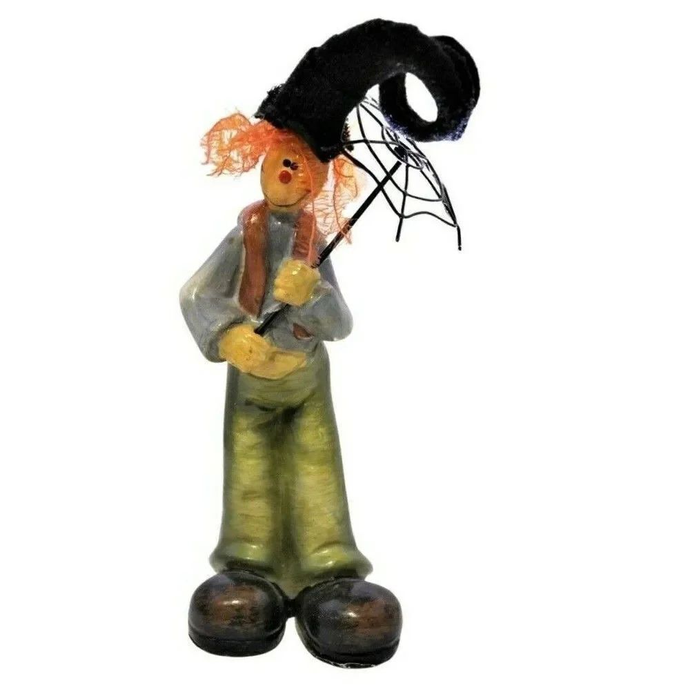 Clown Pumpkin Head Figurine Primitive Vintage Resin Shabby Umbrella & Fuzzy Hair